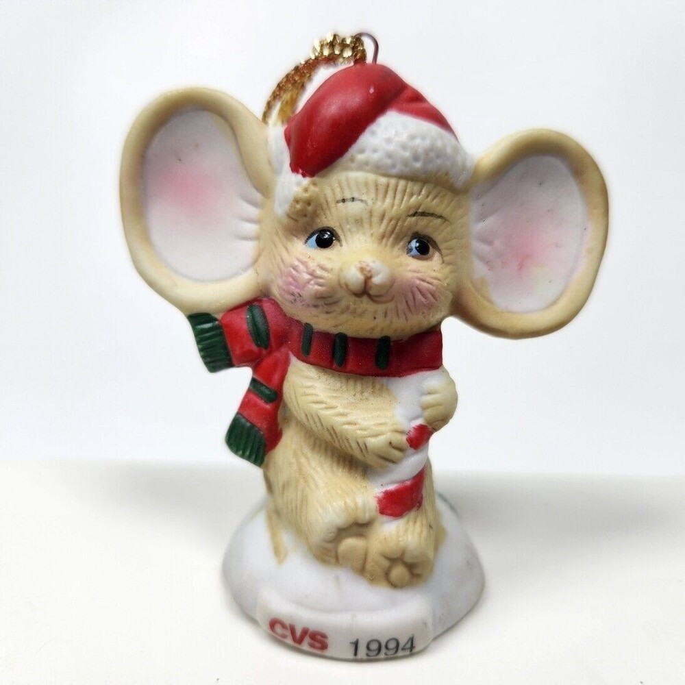 Vintage CVS Drug Store Mouse Christmas Ornament 1994 Ceramic Hanging 2.75 inch
